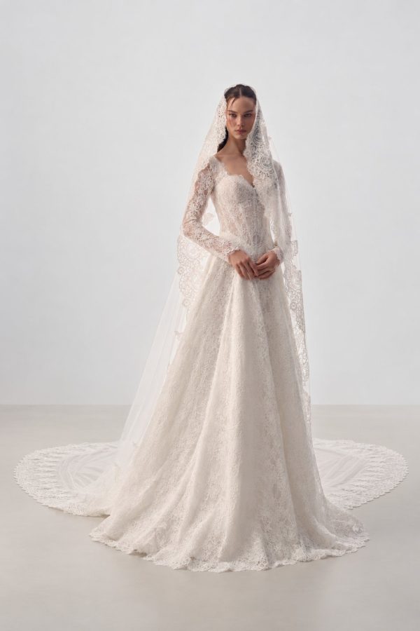 Cali wedding dress by Innocentia, all-over lace, long sleeves and cathedral veil